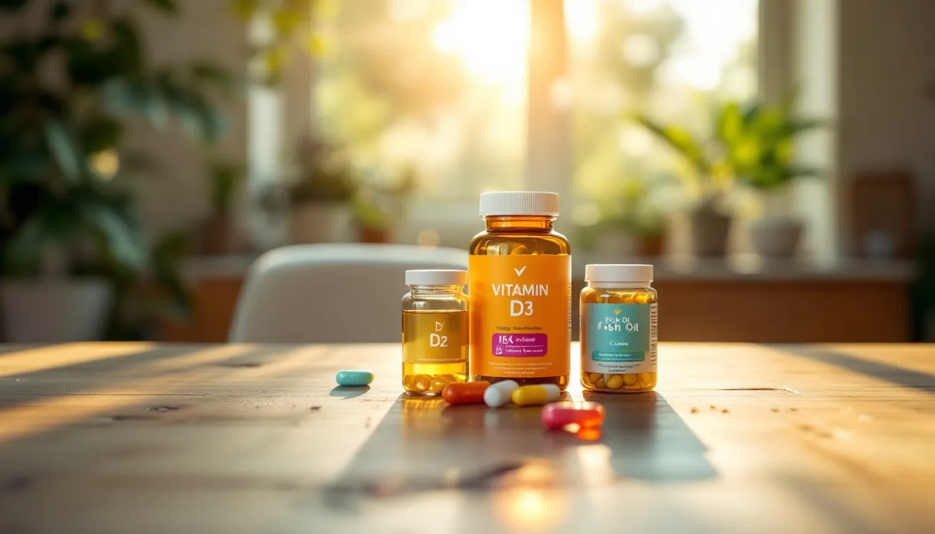 Top Supplements That Boost Brain Function: What You Need to Know 5 A selection of vitamin D supplements on a table, with a blurred background of sunlight streaming through a window.