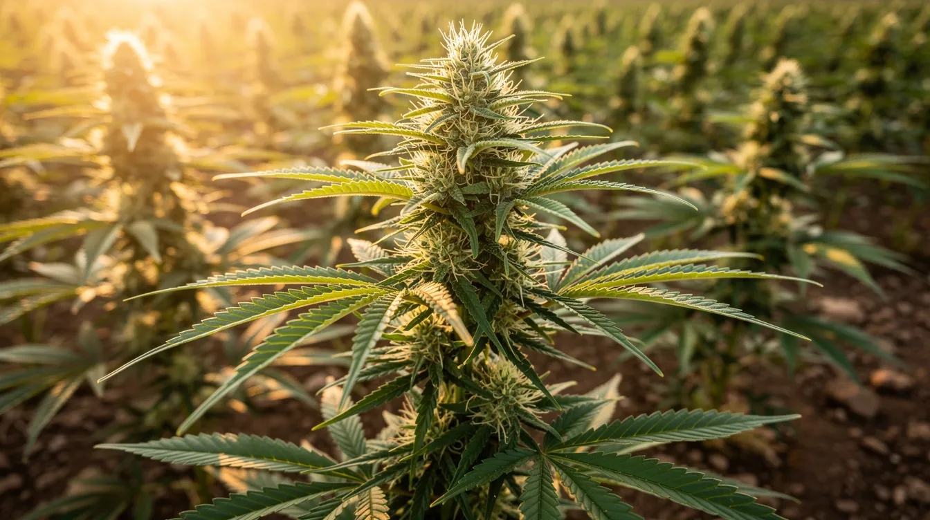 The image shows a close-up of mature hemp plants thriving in a sunlit agricultural field, highlighting their lush green leaves and sturdy stems. This scene emphasizes the cultivation of hemp, which is known for its use in various hemp derived products, including hemp derived THC and cannabinoids, within the context of Vermont's hemp program and federal law.