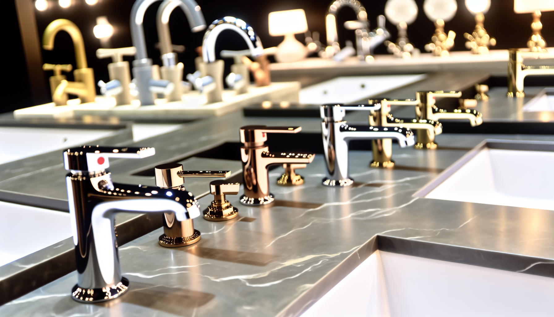 Variety of bathroom taps including basin taps, mixers, shower taps, and bath faucets