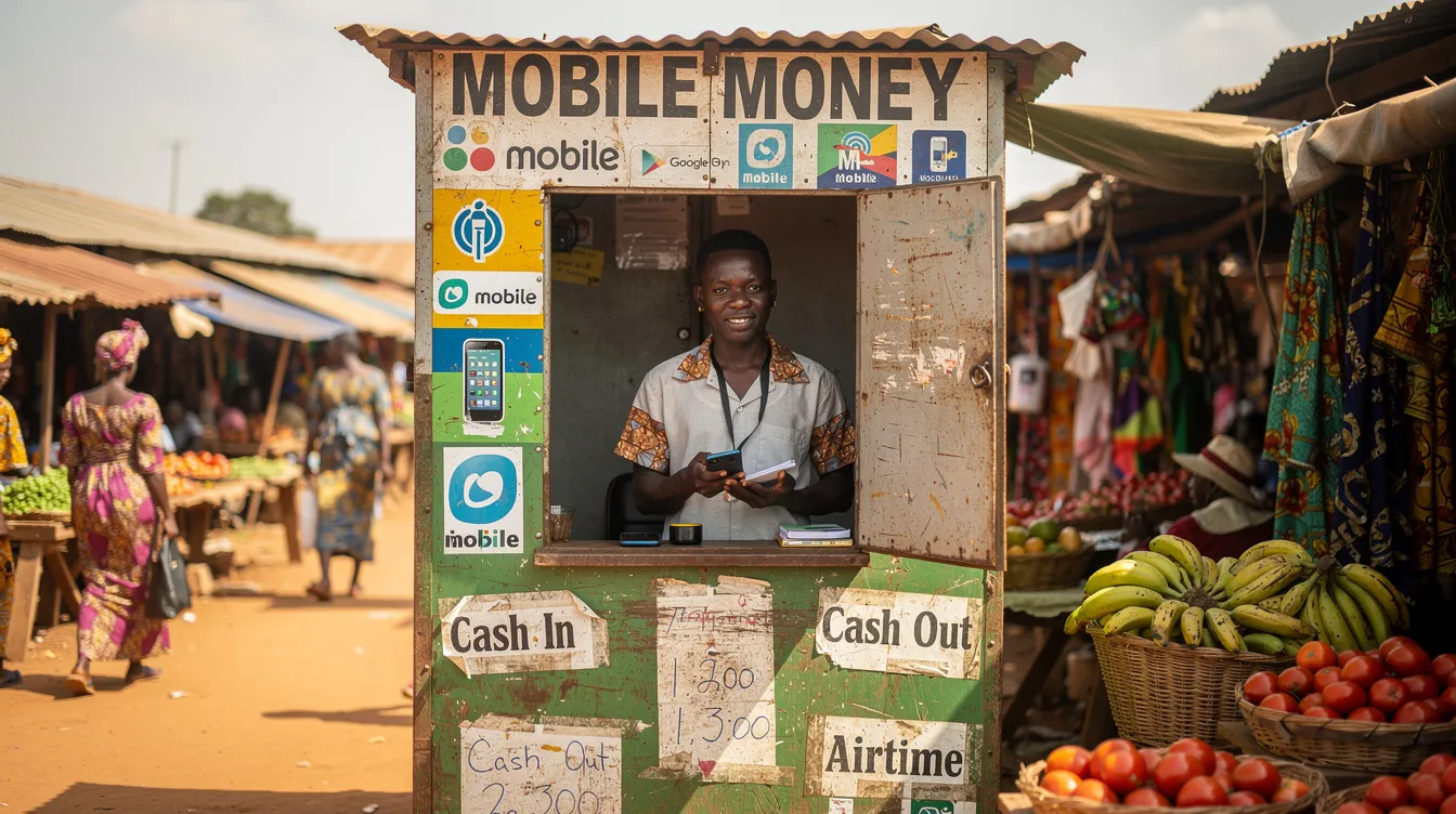 The image shows a person standing at a small mobile money agent booth in a bustling outdoor market in Ghana, where they are likely facilitating money transfers, including sending money from Australia to Ghana. The booth is filled with signs indicating various payment methods and services, reflecting the vibrant atmosphere of the market.