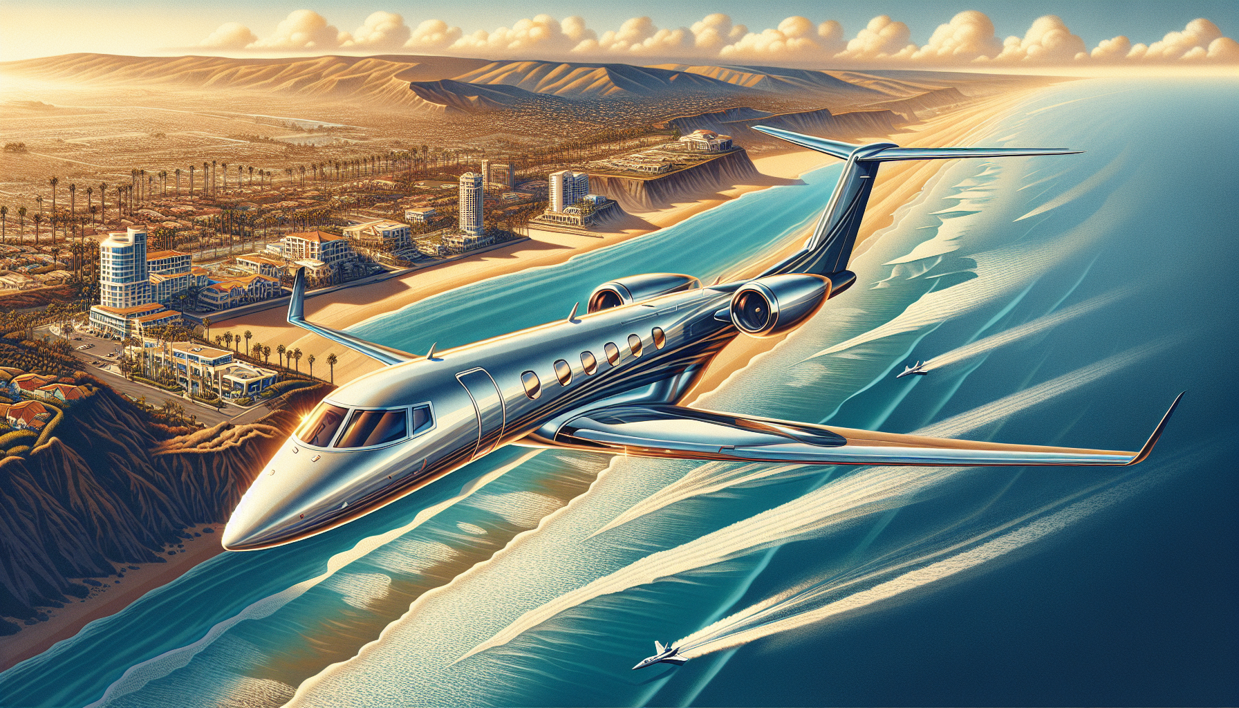 Illustration of a luxurious private jet flying over Oceanside, California