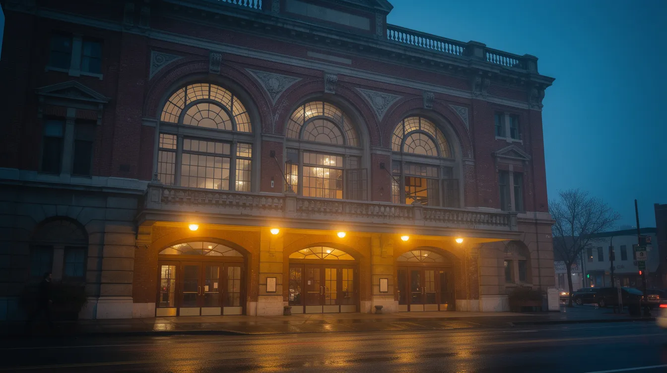 Das Bild zeigt ein historisches Theatergebäude mit einer roten Backsteinfassade und beleuchteten Eingangstüren, das am Abend stimmungsvoll erstrahlt. Dieses Theater könnte Erinnerungen an die Karriere von Schauspielern wie Kevin Spacey wecken, die in der Vergangenheit sowohl für ihre Rollen in Filmen als auch in der Serie "House of Cards" bekannt waren.
