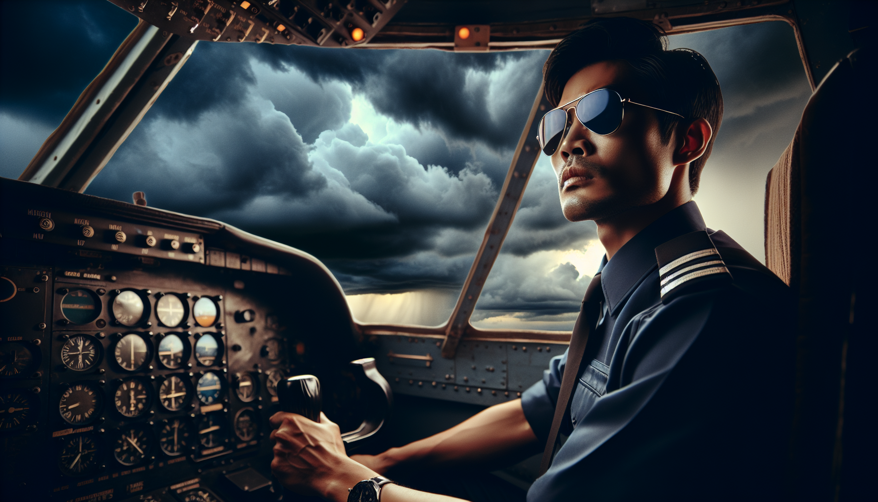 A pilot navigating through challenging weather conditions with instrument rating