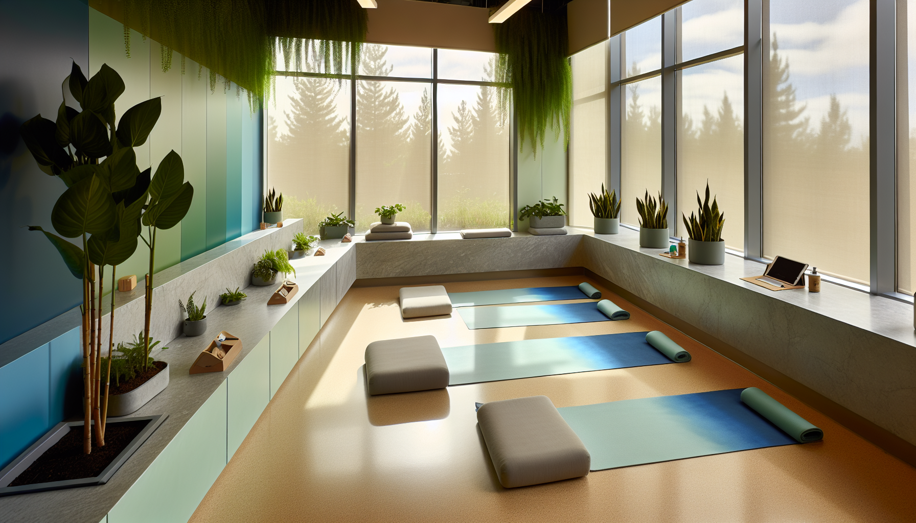 A serene wellness room with yoga mats, promoting work-life balance for employees in Palo Alto