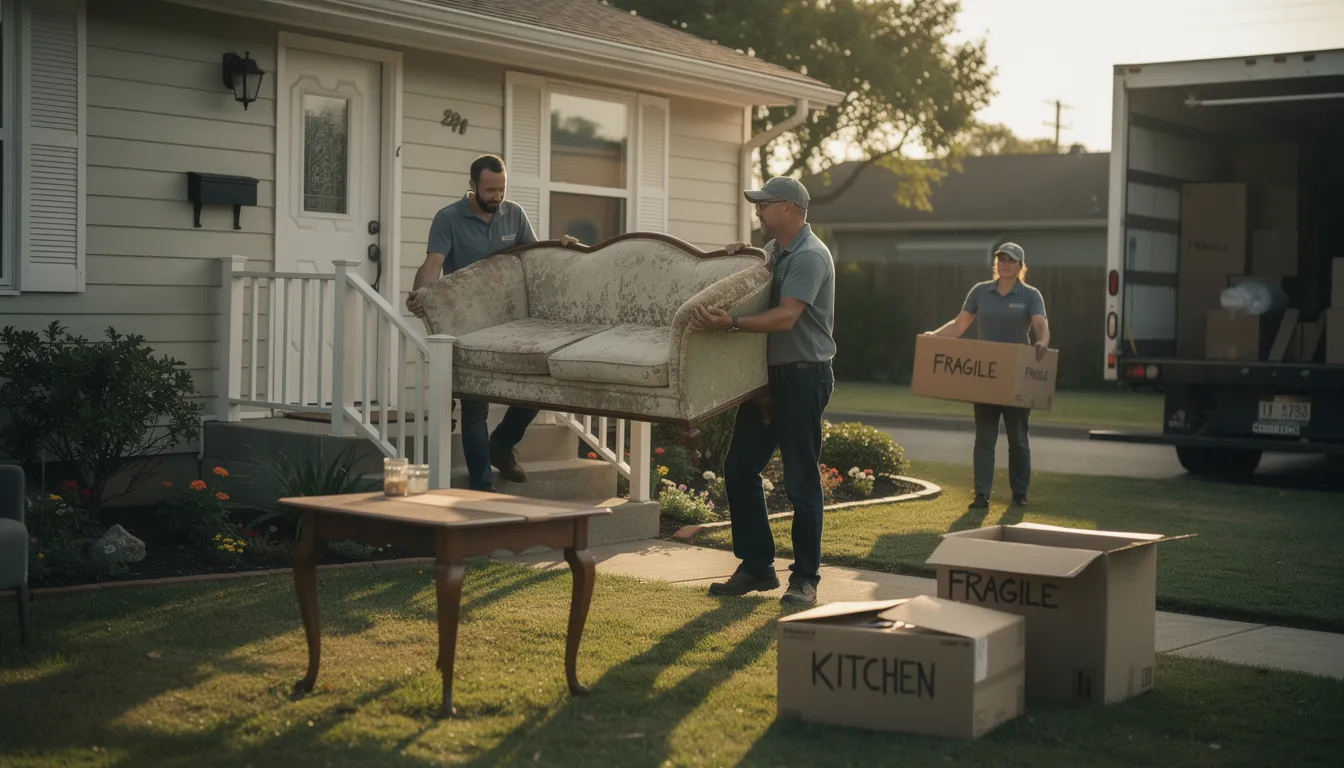 A team of workers is seen carrying old furniture and boxes out of a residential property, showcasing the foreclosure cleanout process. They are efficiently removing unwanted junk and preparing the property for its next chapter, ensuring that all items are disposed of properly and safely.