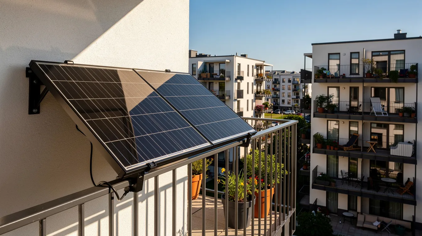 Auf einem sonnigen Balkon in einer städtischen Wohngegend sind Solarmodule an einem Balkongeländer installiert. Diese Mini-PV-Anlage nutzt die Sonnenstrahlen zur Stromerzeugung und bietet eine nachhaltige Möglichkeit, die Stromkosten zu senken.