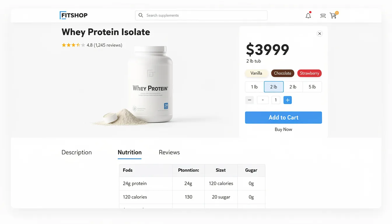 The image displays an online shopping interface featuring a product page for 1st Phorm's whey protein isolate, showcasing various ordering options and flavors like chocolate milkshake and key lime pie. It highlights the benefits of protein supplements for muscle growth and recovery, along with nutrition facts and protein content per serving.