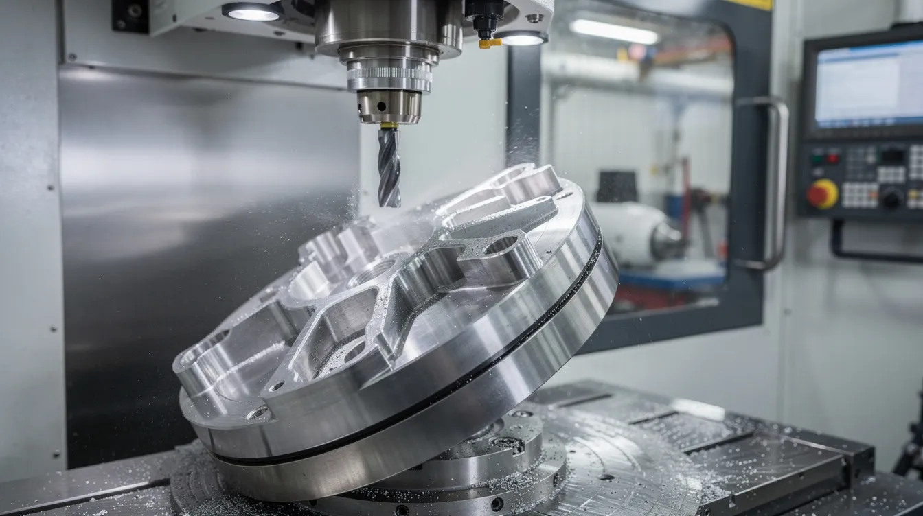 The image depicts a 5-axis CNC machining center equipped with a tilting rotary table, precisely holding a titanium aerospace bracket during a finishing pass. This setup showcases the advanced capabilities of CNC machining in the aerospace industry, emphasizing the production of high precision components and complex geometries essential for aerospace applications.