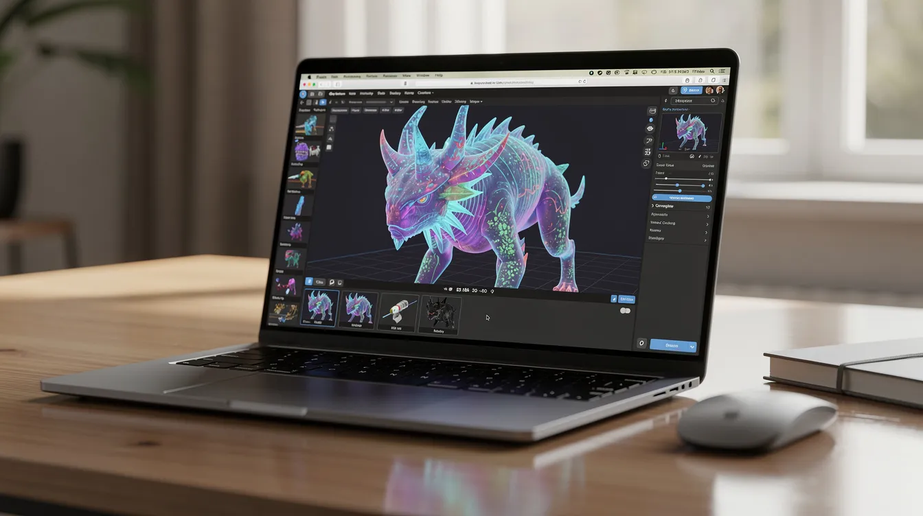 A laptop sits on a desk, displaying a vibrant 3D model of a fantasy creature being generated in a web browser, showcasing the capabilities of AI-generated models for commercial projects. The colorful design emphasizes the potential for product visualization and concept art creation.