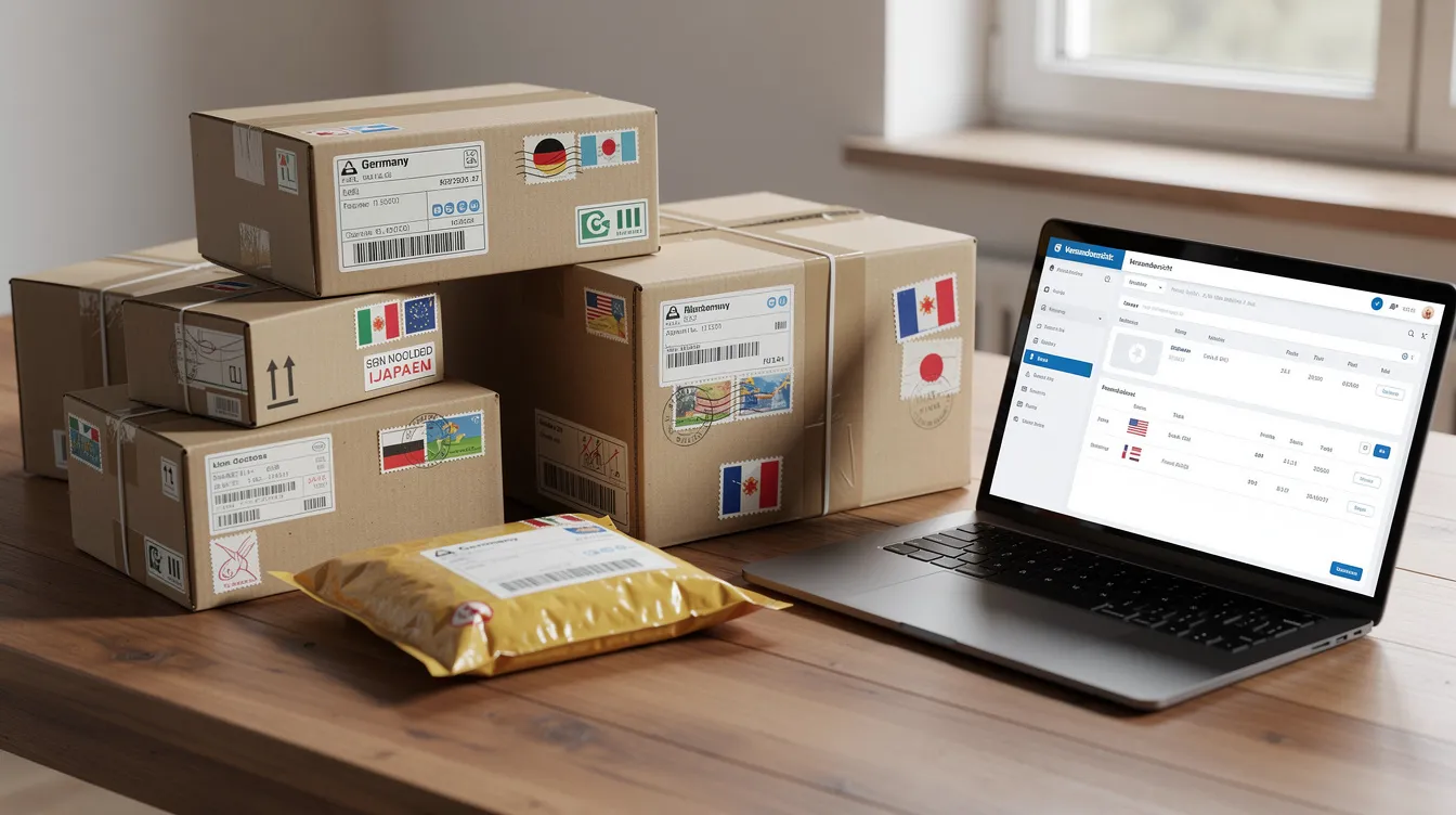 Auf einem Tisch liegen verschiedene Pakete und Versandkartons aus unterschiedlichen Ländern, neben einem Laptop, der möglicherweise für Bestellungen auf Online-Plattformen wie Aliexpress genutzt wird. Die Szene vermittelt einen Eindruck von E-Commerce-Aktivitäten und der Vielfalt an Produkten, die über solche Online-Marktplätze erhältlich sind.