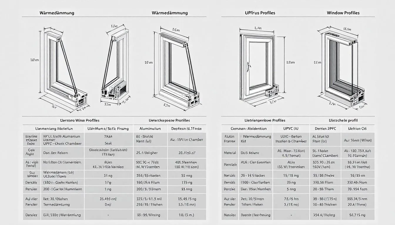 De afbeelding toont een vergelijking van verschillende Duitse kunststof kozijnprofielen, inclusief technische specificaties zoals isolatiewaarden en profieldiktes. Deze hoogwaardige kunststof kozijnen uit Duitsland zijn ontworpen voor optimale prestaties en voldoen aan de Nederlandse kwaliteitseisen.