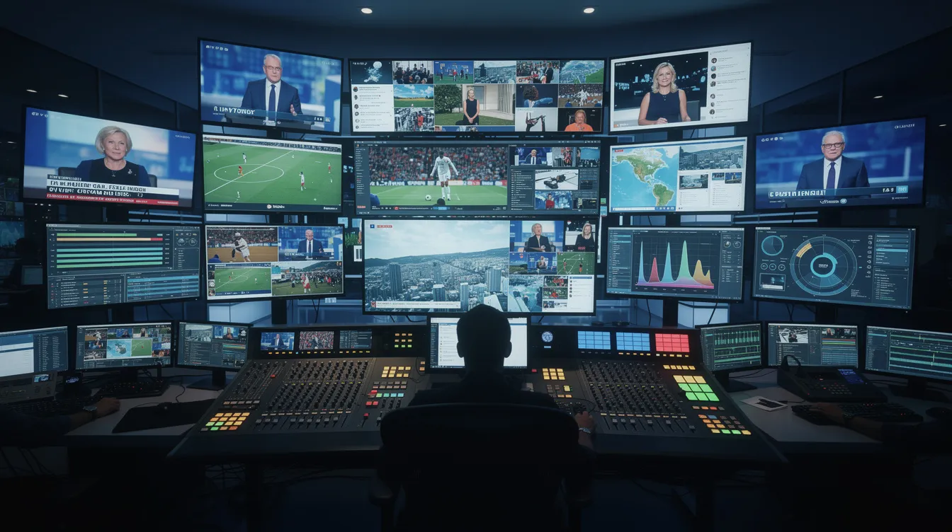 The image depicts a media control room filled with multiple screens displaying various broadcast channels and digital dashboards, showcasing the dynamic environment where mass tort marketing campaigns are monitored and managed. This setup highlights the integration of digital marketing strategies to generate leads for law firms involved in mass tort litigation.