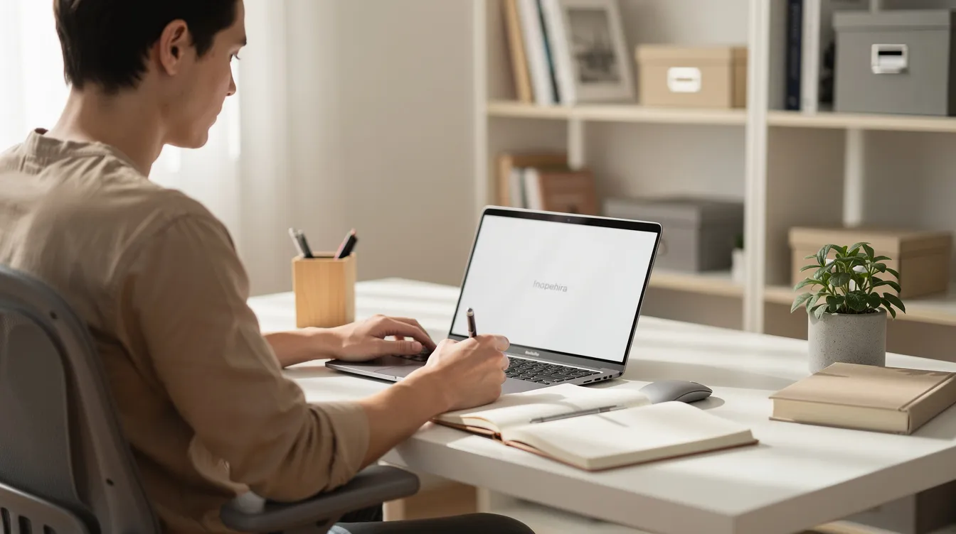 A person is seated at an organized home office desk, working on a laptop while taking notes in a notebook, exemplifying effective time management skills. The setup promotes a better work-life balance, allowing for the prioritization of urgent and important tasks.