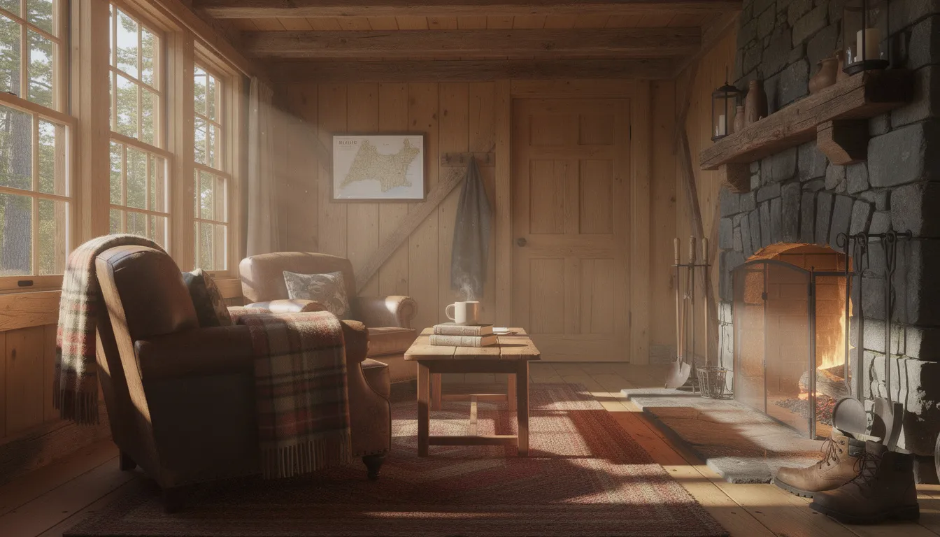 The image depicts the interior of a rustic cabin in Maine, featuring warm wood paneling and ample natural light streaming through the windows. This cozy setting could benefit from professional odor removal services to enhance indoor air quality and eliminate any persistent smells that may arise from the natural environment.
