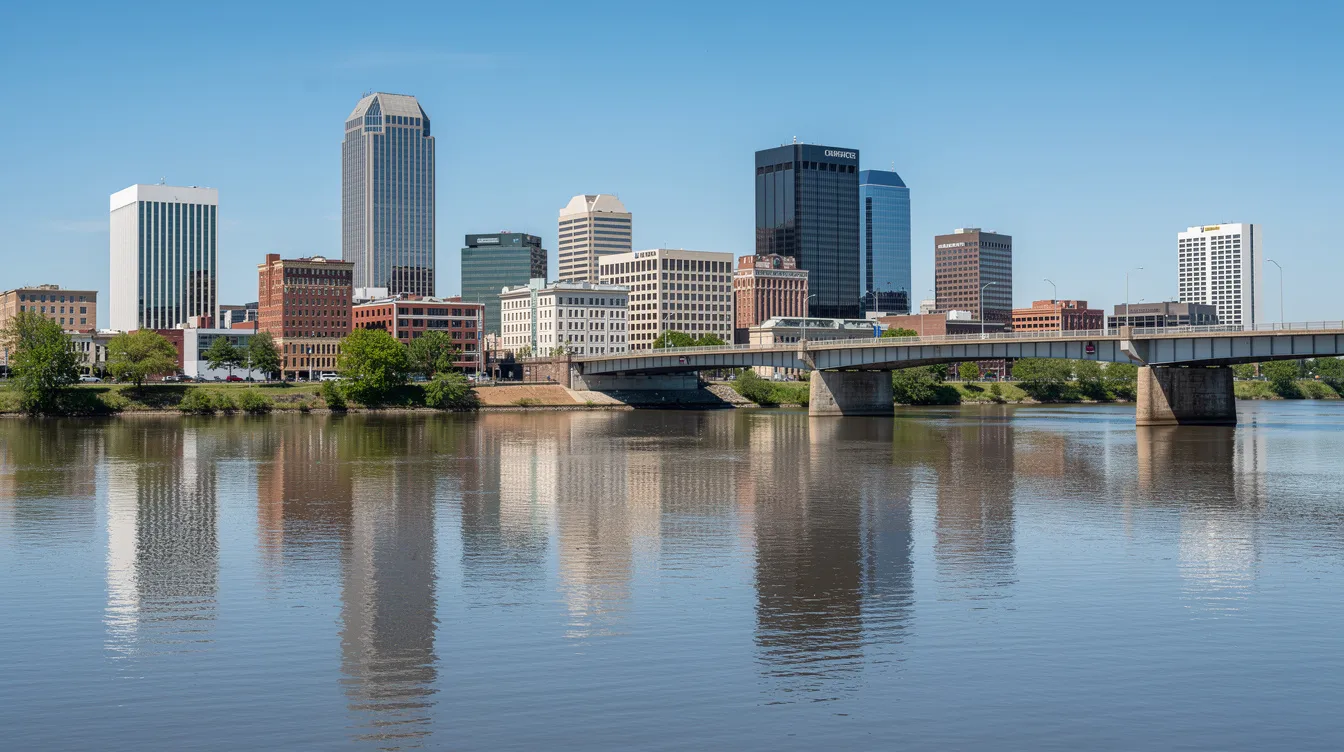 The image depicts the Richmond, Virginia skyline with modern buildings rising against a clear blue sky, while the James River flows peacefully in the foreground. This vibrant urban scene highlights the city's landscape, which is often navigated by personal injury lawyers representing clients affected by serious injuries from accidents.