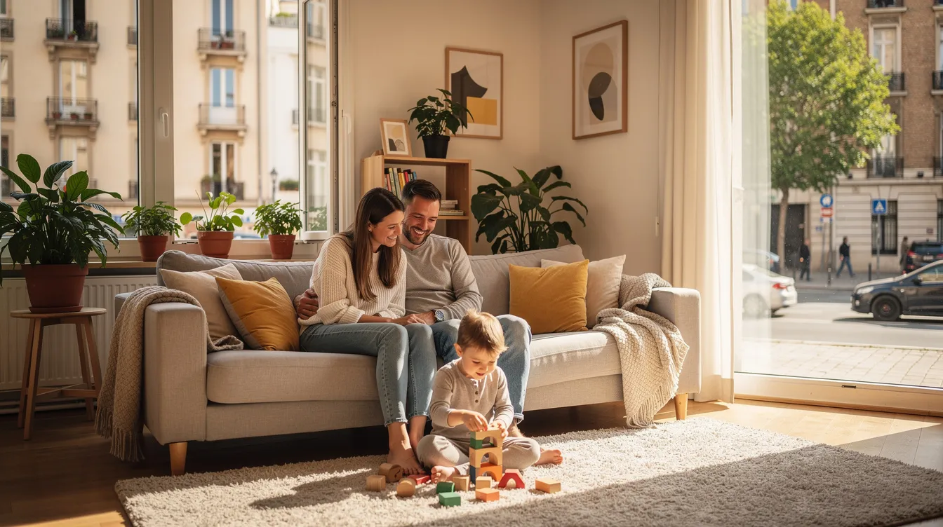 Eine junge Familie sitzt in ihrer gemütlichen Wohnung und blickt aus dem Fenster auf eine städtische Nachbarschaft. Die Szene vermittelt ein Gefühl von Zuhause und Geborgenheit, während im Hintergrund die Möglichkeit des Wohngeldantrags für Familien in Nordrhein-Westfalen angedeutet wird.