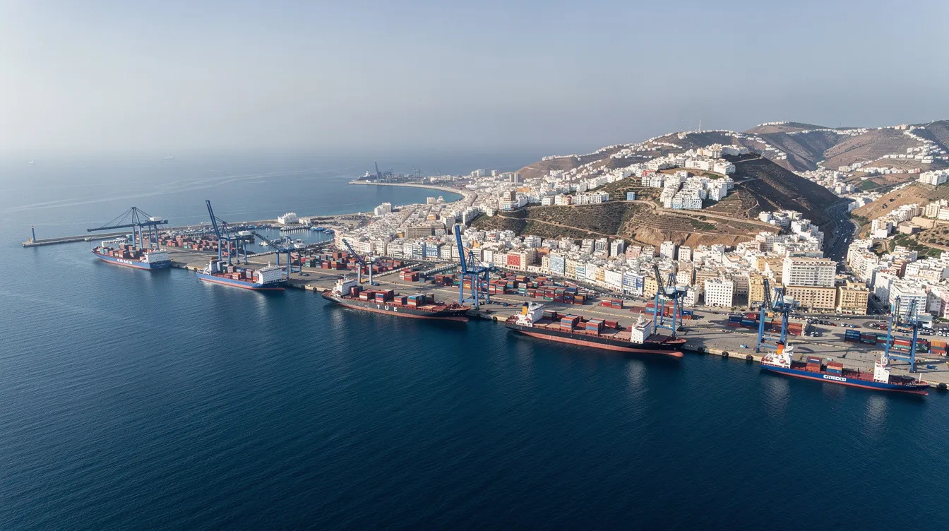 Imagen aérea del puerto de Tánger, donde se pueden observar varios barcos en el agua y la ciudad al fondo, destacando la mezcla de culturas y paisajes que caracterizan esta región del norte de Marruecos. Este puerto es un punto clave para el alquiler de coches en Tánger, facilitando el acceso a los visitantes que desean explorar el área.