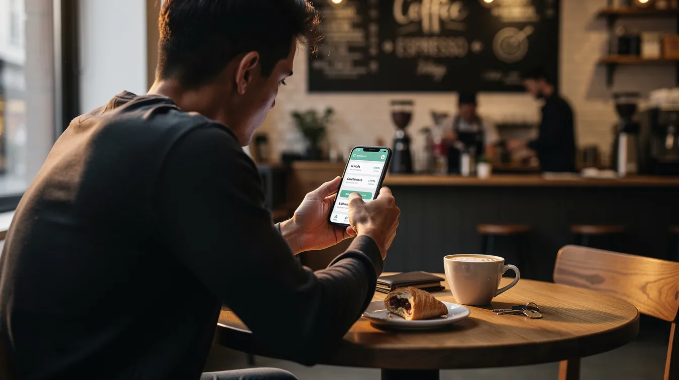 A person is sitting in a café, intently checking their smartphone for banking notifications related to payments and account updates. The scene reflects the modern convenience of managing finances on-the-go, highlighting the importance of security and communication in today's digital world.