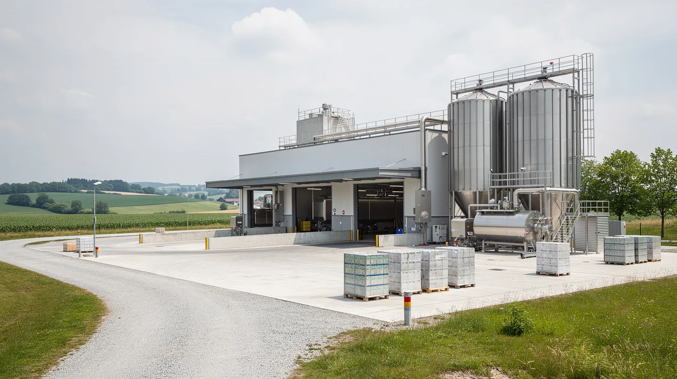 c74b747b 5378 456d 85b6 c77fcd2c08d9 The image depicts an industrial food processing facility set in a rural landscape, featuring stainless steel equipment and large storage silos, indicative of a pulses processing plant. This setup is essential for efficient plant operations and supports the rising consumer demand for plant-based proteins and processed pulse commodities.