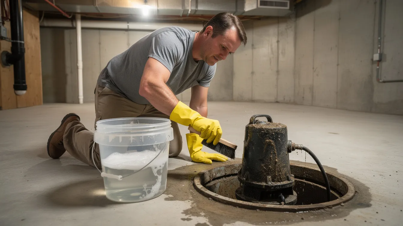 A homeowner wearing gloves is cleaning a sump pump with a brush in a well-lit basement, next to a bucket of water. This image highlights the importance of routine sump pump maintenance to ensure the system is functioning properly and to prevent common sump pump problems like basement flooding.