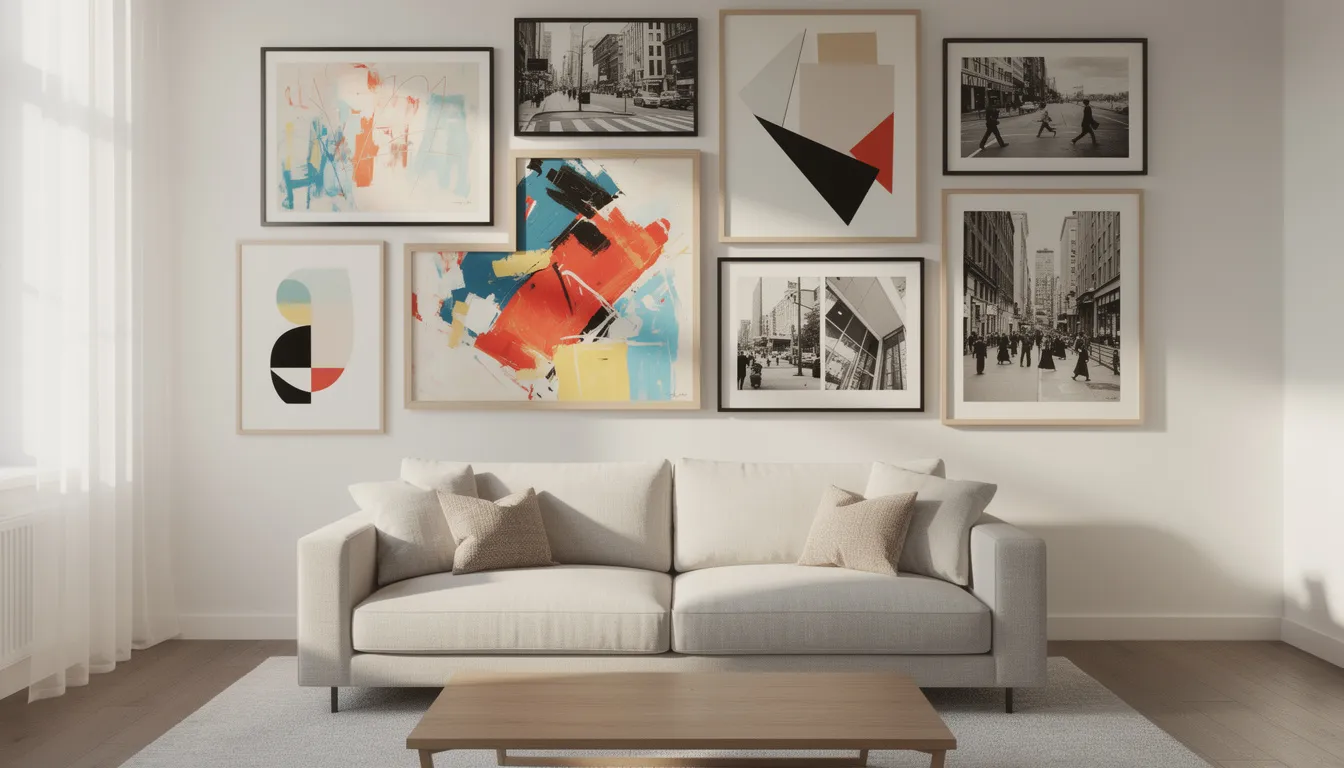 En tavelvägg med flera moderna konstverk i olika storlekar, inklusive abstrakt konst och svartvita fotografier, som skapar en intressant och dynamisk inredning. Denna arrangemang av tavlor ger rummet en unik stil och passar perfekt för hemmet.