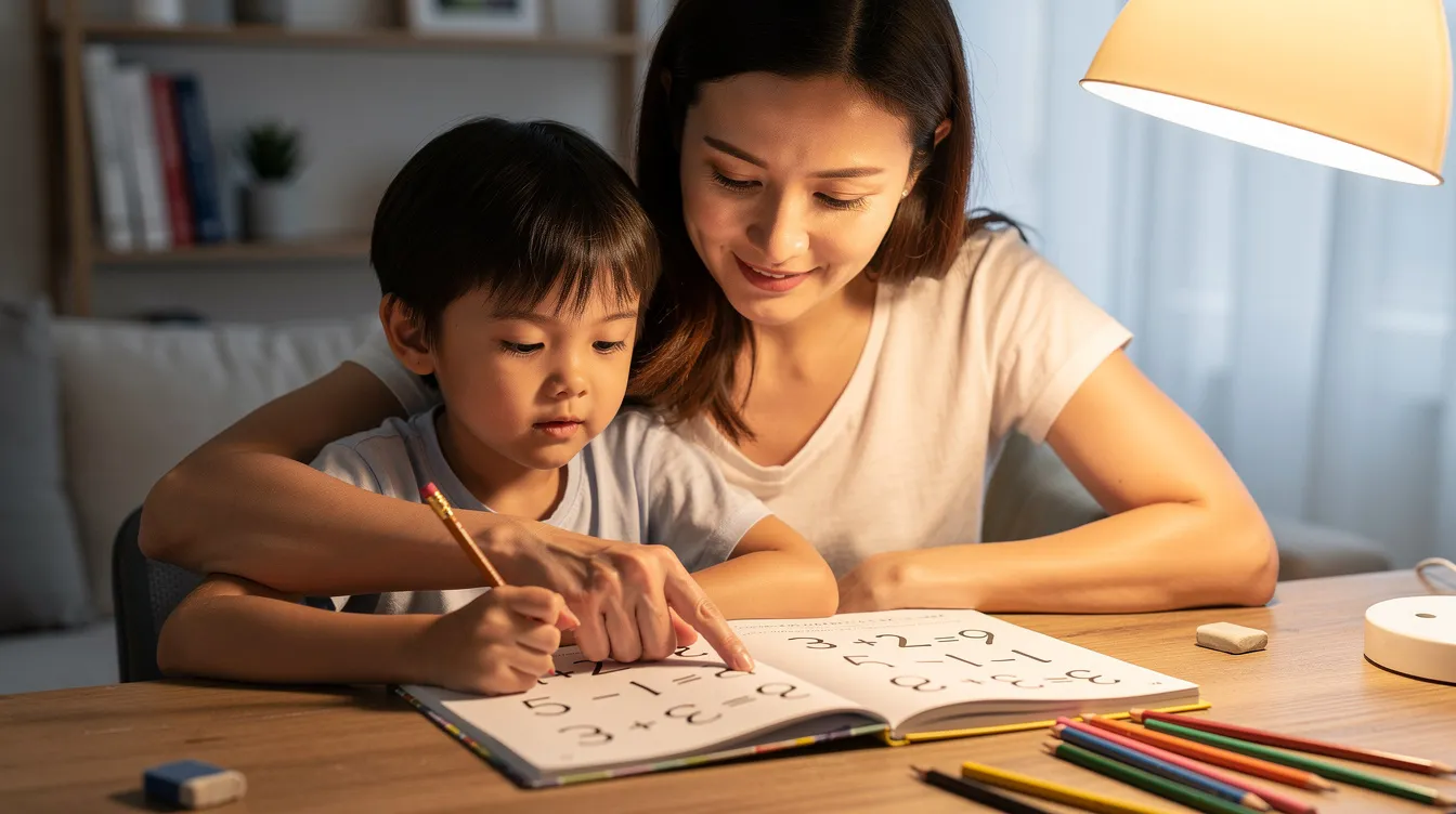 A parent and child are sitting together at a desk, calmly working on a simple math problem, showcasing a supportive environment that fosters academic success and boosts the child's confidence. Their focused expressions reflect a positive attitude towards learning, highlighting the importance of self-belief and manageable steps in their educational journey.