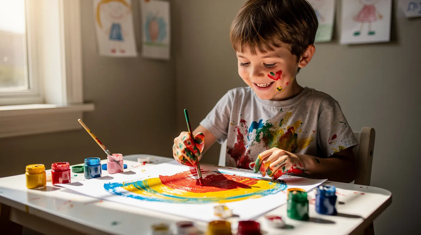 A happy child is joyfully engaged in a creative art project, painting with bright colors in a classroom setting. This scene highlights the importance of supporting struggling learners by encouraging their artistic expression and building their self-esteem through creative activities.