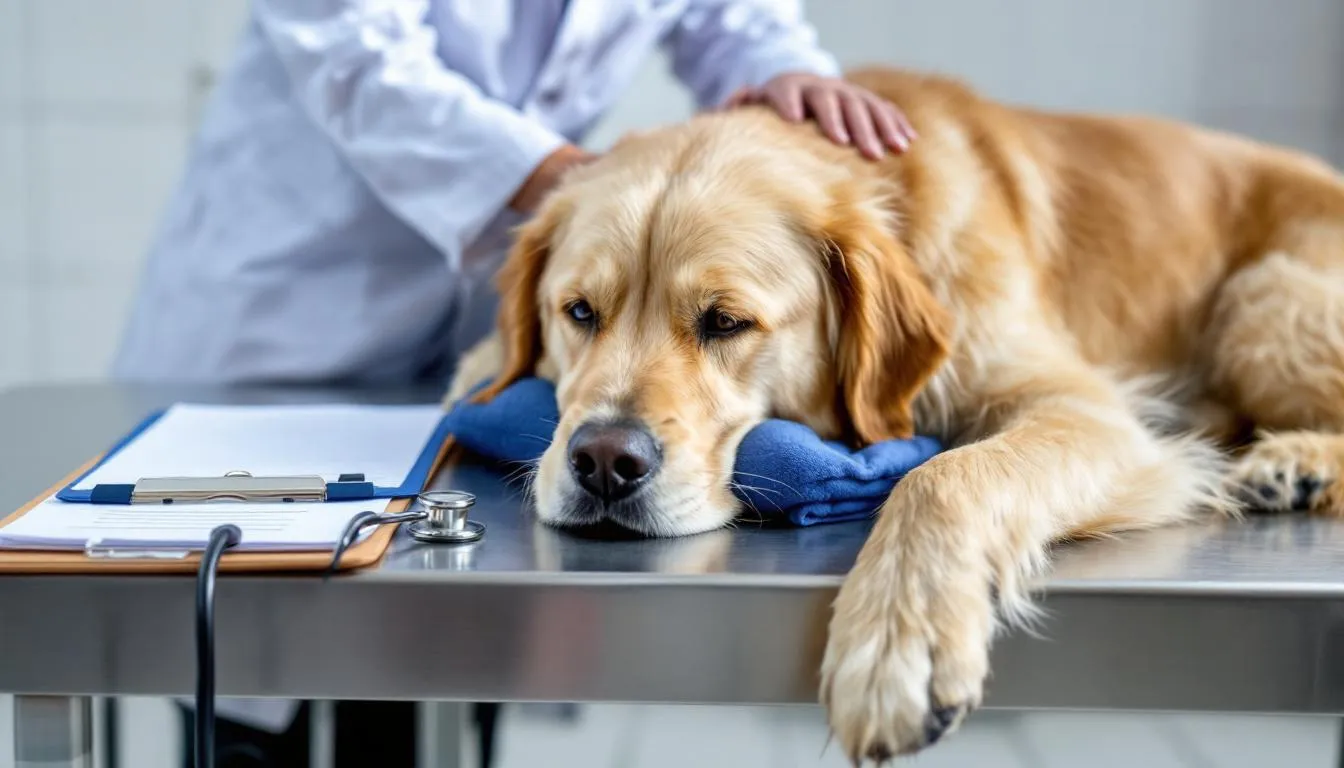 A golden retriever is undergoing a veterinary examination, showcasing the health screening process typically conducted for this popular dog breed. The dog, known for its friendly temperament and golden coat, is being assessed for various health conditions, highlighting the importance of regular check-ups for responsible pet care.
