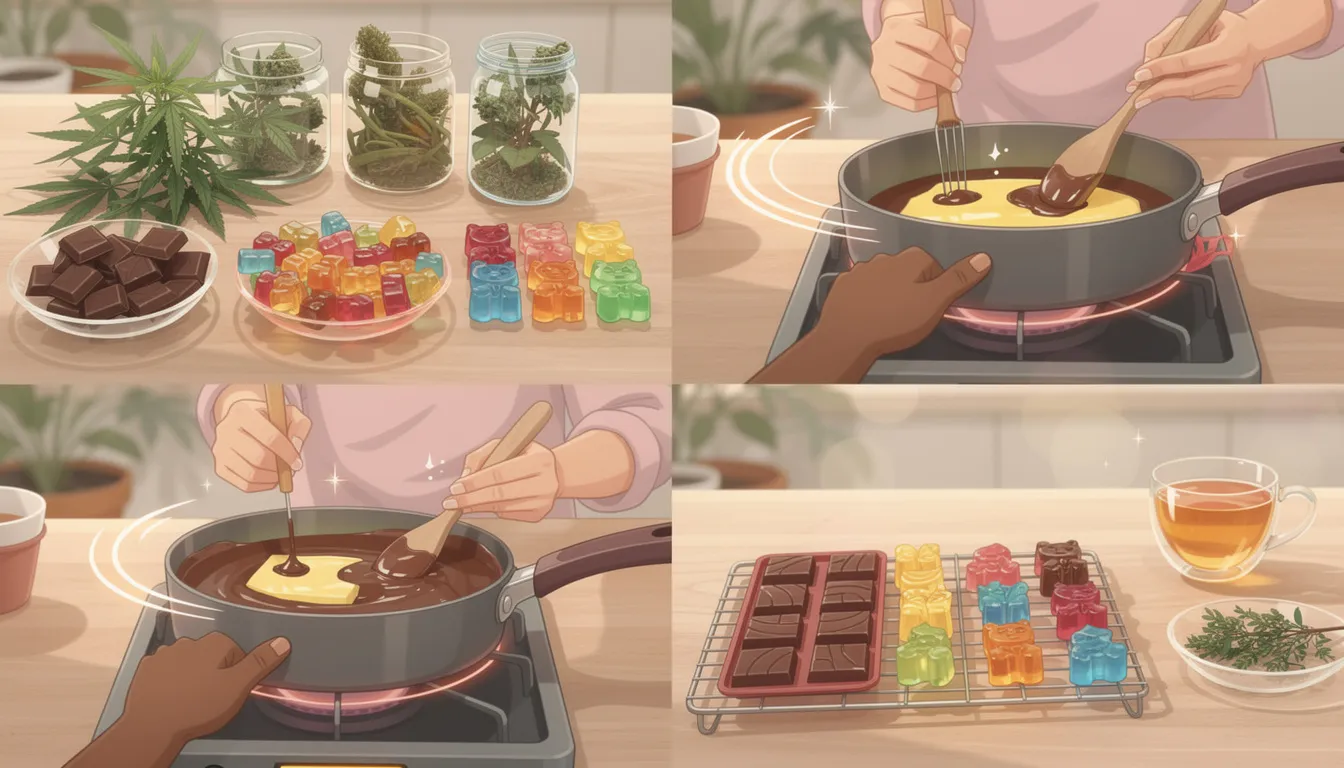 Ein Überblick über die Grundlagen von Cannabis Edibles, einschließlich wichtiger Zutaten wie Schokolade und Gummibärchen.