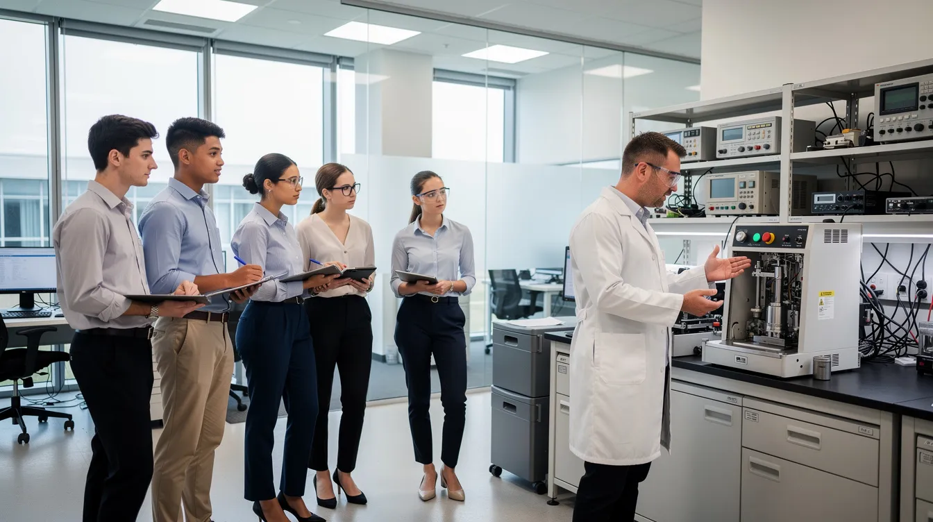 A group of students in a professional workplace setting, attentively observing various pieces of equipment as part of their work based learning experience.
