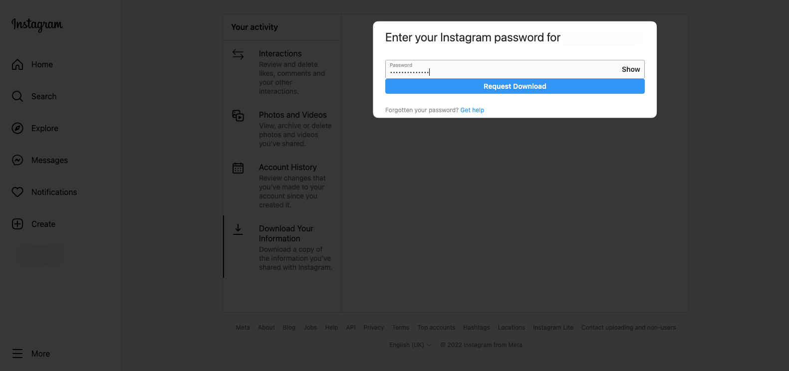 Remote.tools shows how to request download of information on Instagram to recover deleted Instagram messages