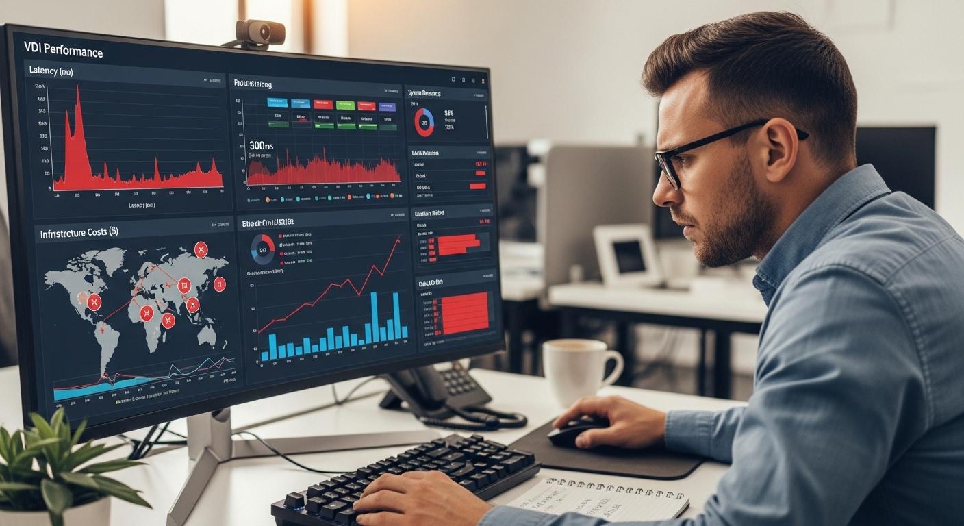 Software developer experiencing VDI performance issues with dashboards showing latency, network connectivity, infrastructure costs, and system resources.