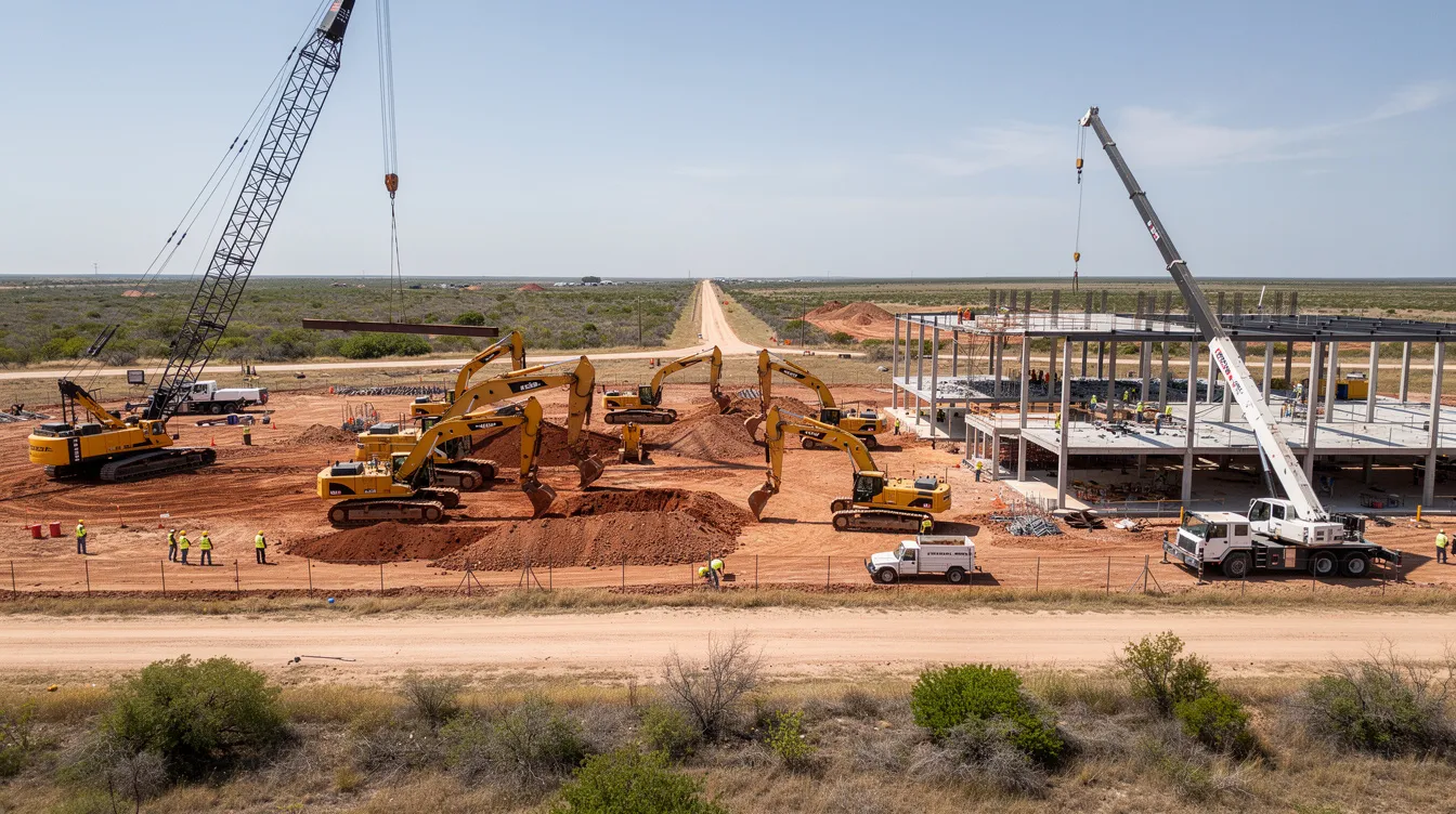 The image shows a wide view of a bustling commercial construction site in South Texas, featuring heavy machinery like excavators and cranes actively working on the land. This scene represents the significant business assets and tangible personal property involved in large-scale construction projects, highlighting the importance of proper tax advice and deductions for construction companies.