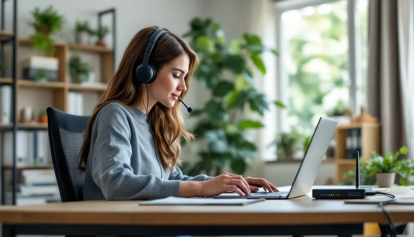 In der Abbildung sieht man einen Arbeitsplatz im Home Office, wo eine Person über einen Laptop mit dem Firmennetzwerk verbunden ist, um sicher und effizient im Rahmen der Telearbeit zu arbeiten. Der Bildschirmarbeitsplatz ist mit den notwendigen Arbeitsmitteln ausgestattet, um die Tätigkeiten im Remote Work optimal auszuführen.