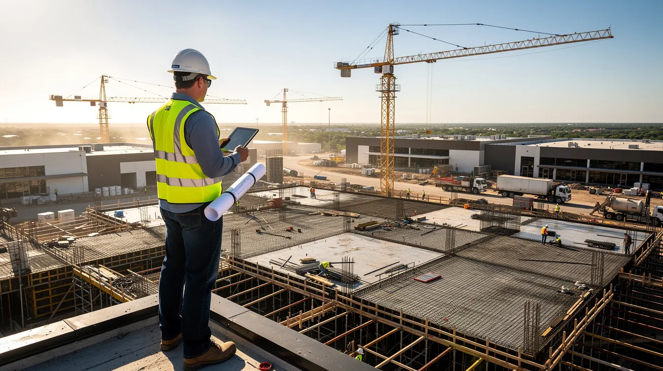 A construction superintendent surveys an active commercial construction site from above, with cranes and concrete work visible in the background.