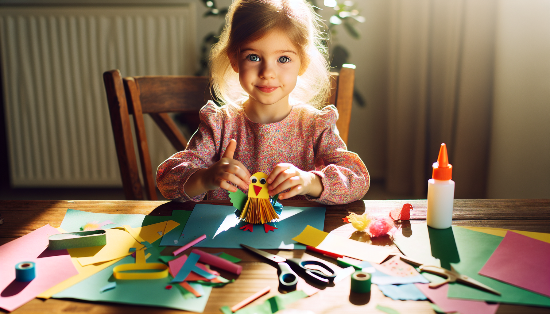 Child creating crafts with paper and glue