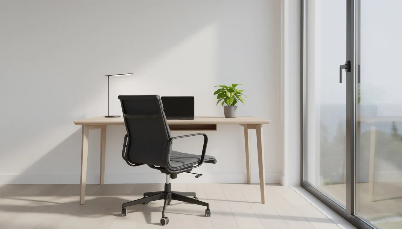 De beste keuze voor jouw werkplek: Vitra bureaustoel Een modern en minimalistisch thuiskantoor met een elegante vitra bureaustoel met hoge rugleuning, geplaatst aan een houten bureau vlakbij een raam. De ruimte is stijlvol ingericht en biedt een comfortabele werkplek met hoogwaardige materialen en een prachtig design.