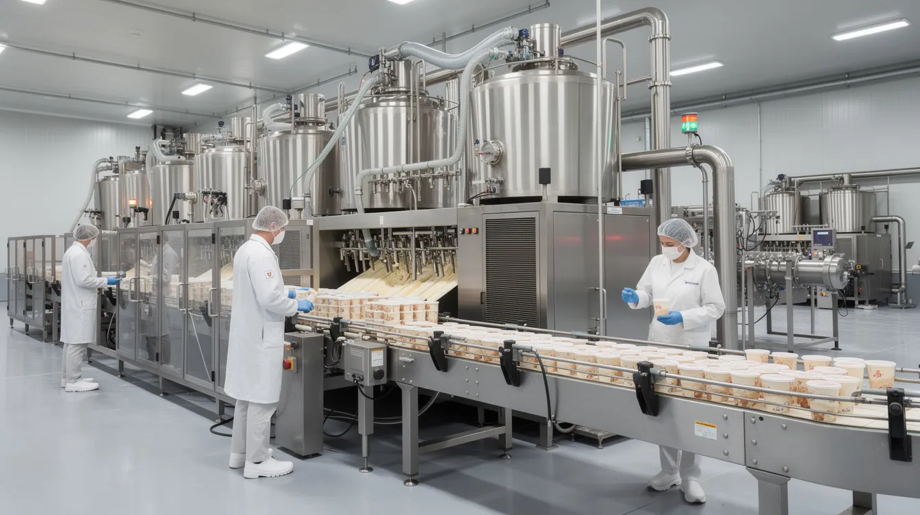 c754d33b 49b8 42ac b6f4 565028e19c7d The image depicts an industrial ice cream production line inside a large factory, featuring stainless steel equipment and workers actively engaged in the manufacturing process. This scene highlights the ice cream industry’s scale and efficiency, essential for meeting the growing demand for frozen desserts.