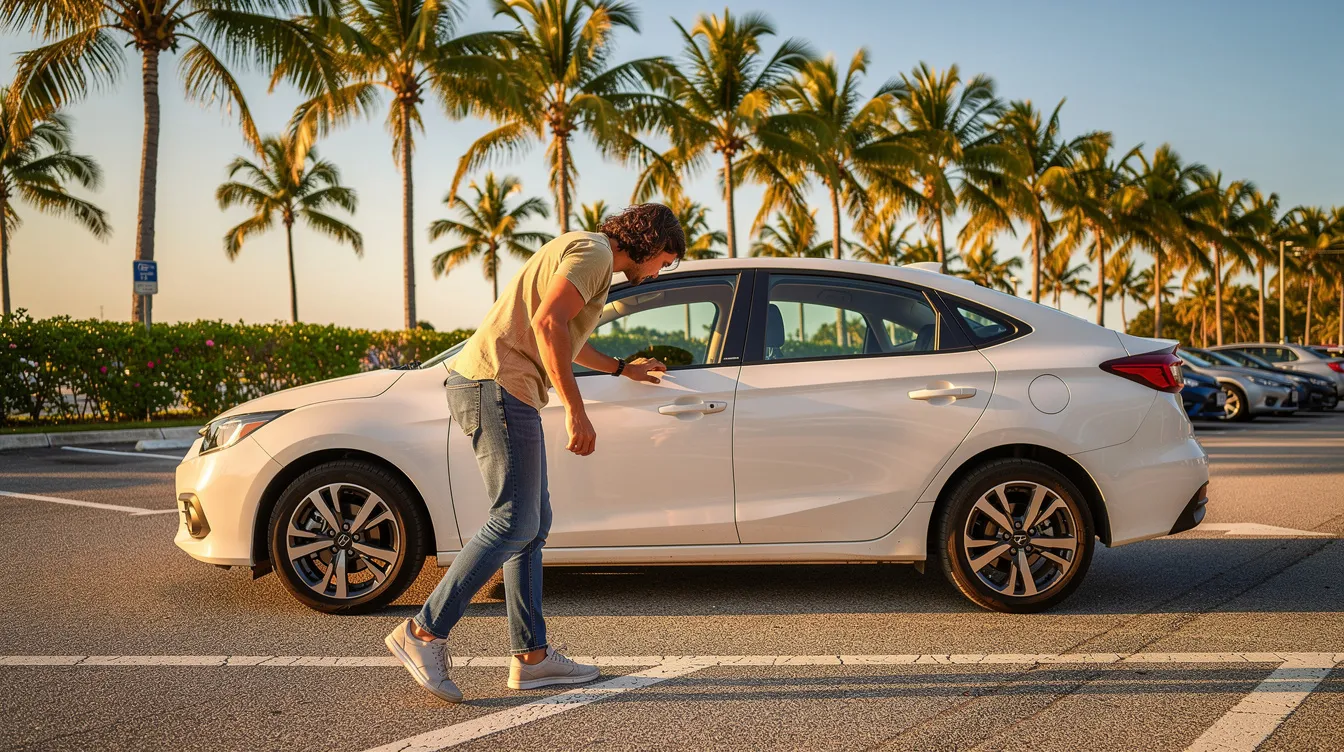A person inspecting the exterior of a rental car in a sunny car park.