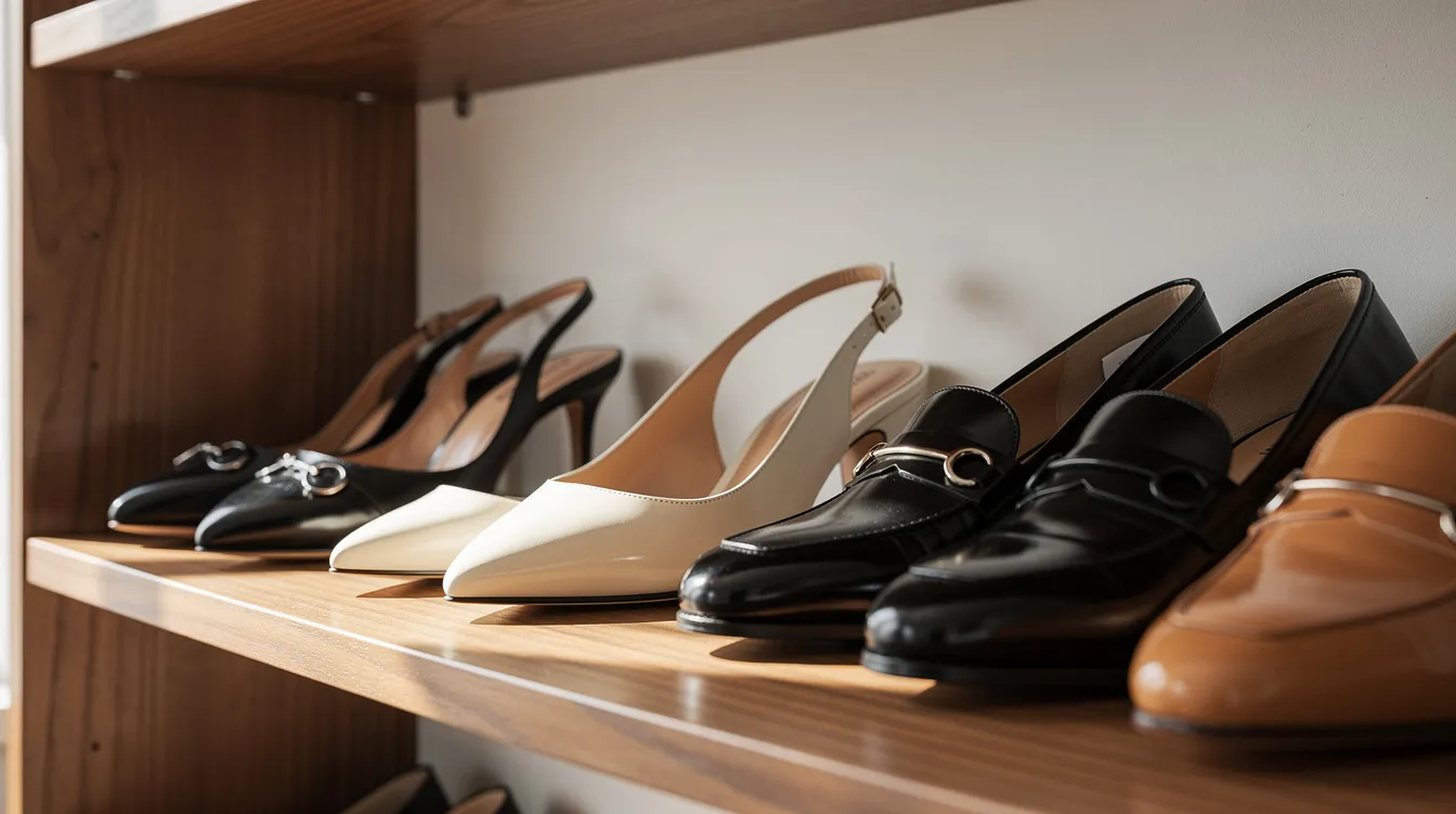 A carefully curated collection of classic designer shoes, including stylish slingbacks and loafers, is elegantly arranged on a wooden shelf, showcasing luxury fashion from renowned brands like Louis Vuitton and Chanel. This display highlights the beauty of pre-loved luxury items, perfect for enhancing personal style and making a statement in any wardrobe.