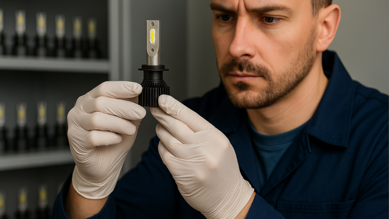 A professional ensuring quality control of fanless led headlight bulbs' inventory