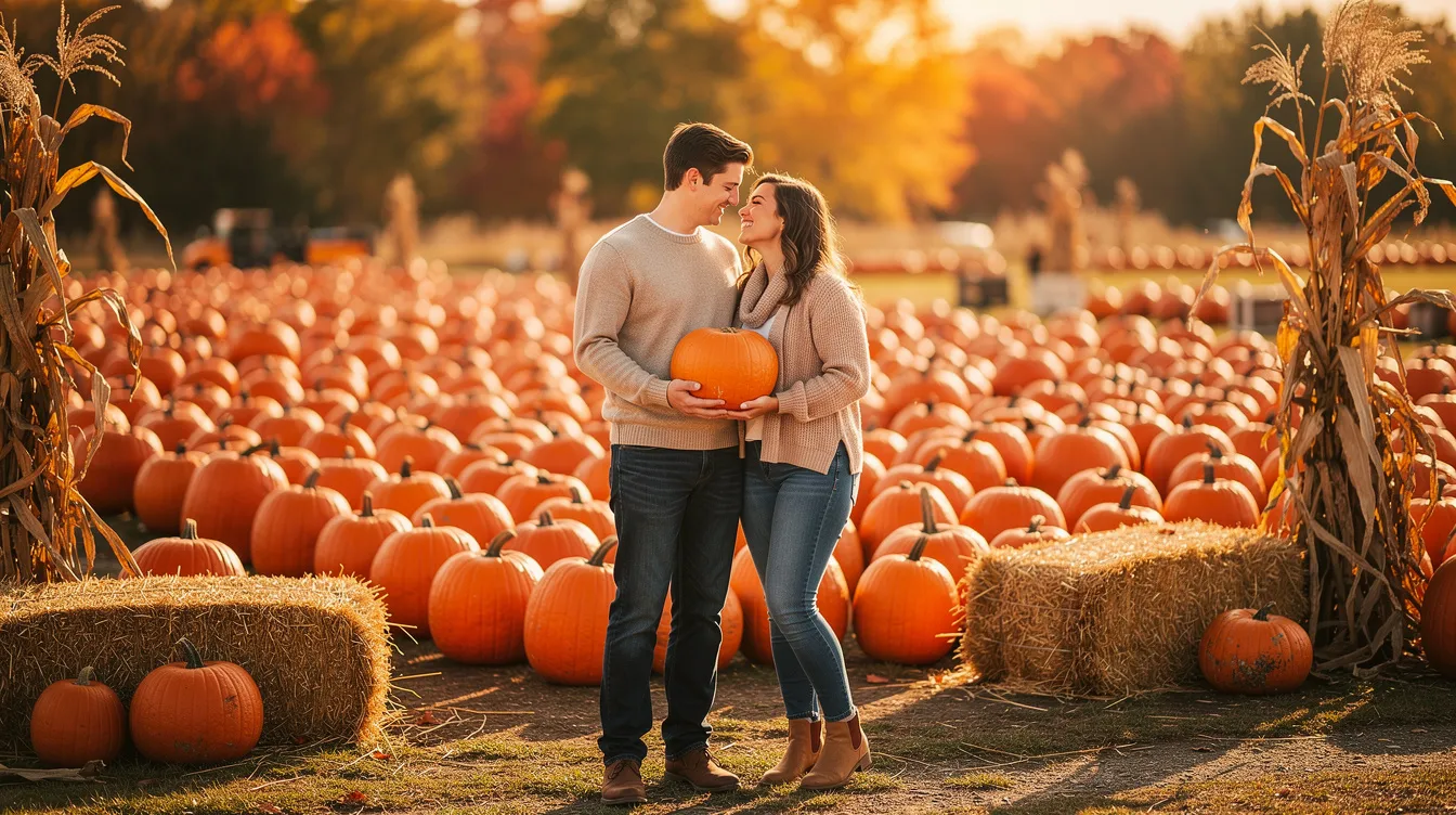 A couple enjoys a romantic date at a pumpkin patch, surrounded by vibrant orange pumpkins and autumn foliage. They share laughter and friendly competition while picking the perfect pumpkin, embodying a fun way to spend a fall evening together.