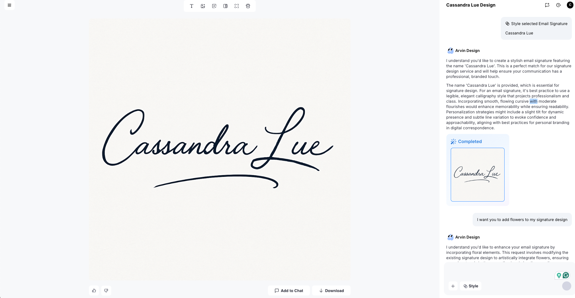 AI signature design interface featuring the name "Cassandra Lue" in a stylish, flowing handwritten script. The selected style is labeled “Email Signature.” On the right panel, a message from Arvin Design explains the design choices, highlighting the use of legible calligraphy for a professional look.