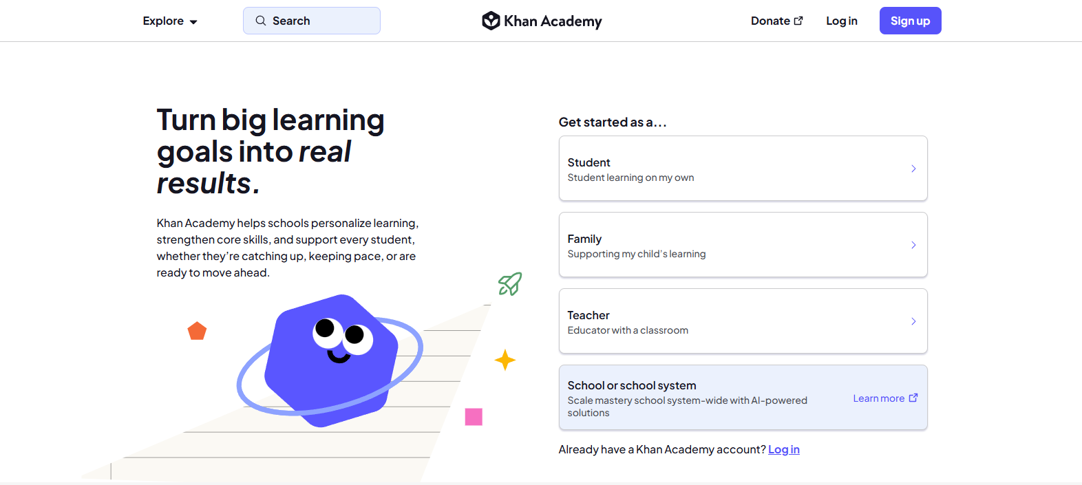 Khan Academy personalized learning platform helping students, teachers, families, and schools achieve academic success through AI-powered education and mastery learning.