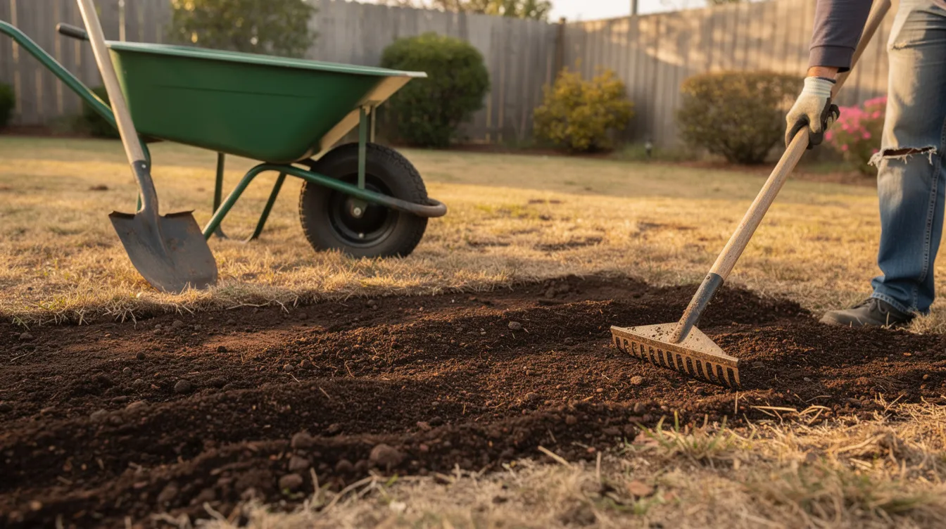 A gardener is spreading fresh top soil and compost across a small bare area of lawn, preparing the ground for grass seed to promote growth in the bare patches. This lawn repair process enhances the soil's nutrients, helping to establish new grass roots for a lush, green lawn.