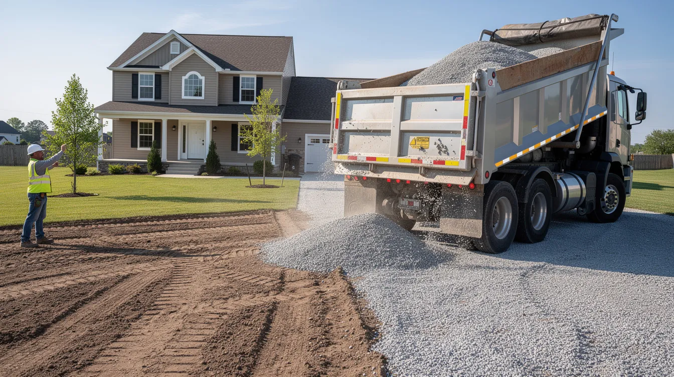 A tri-axle dump truck is backing up to deliver a load of class 5 gravel at a residential property, where a cleared driveway area awaits the material. The gravel, which consists of crushed stone and angular stones, will provide a solid base for future landscaping projects or parking areas.