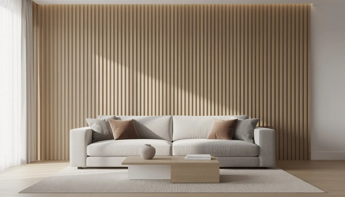 Een moderne woonkamer met een stijlvolle afwerking, waarin een lattenwand van vergrijsd walnoot achter een luxe bank is geplaatst. De ruimte heeft een eigentijdse sfeer met neutrale kleuren en elementen van houten wandbekleding, wat bijdraagt aan een rustige uitstraling.