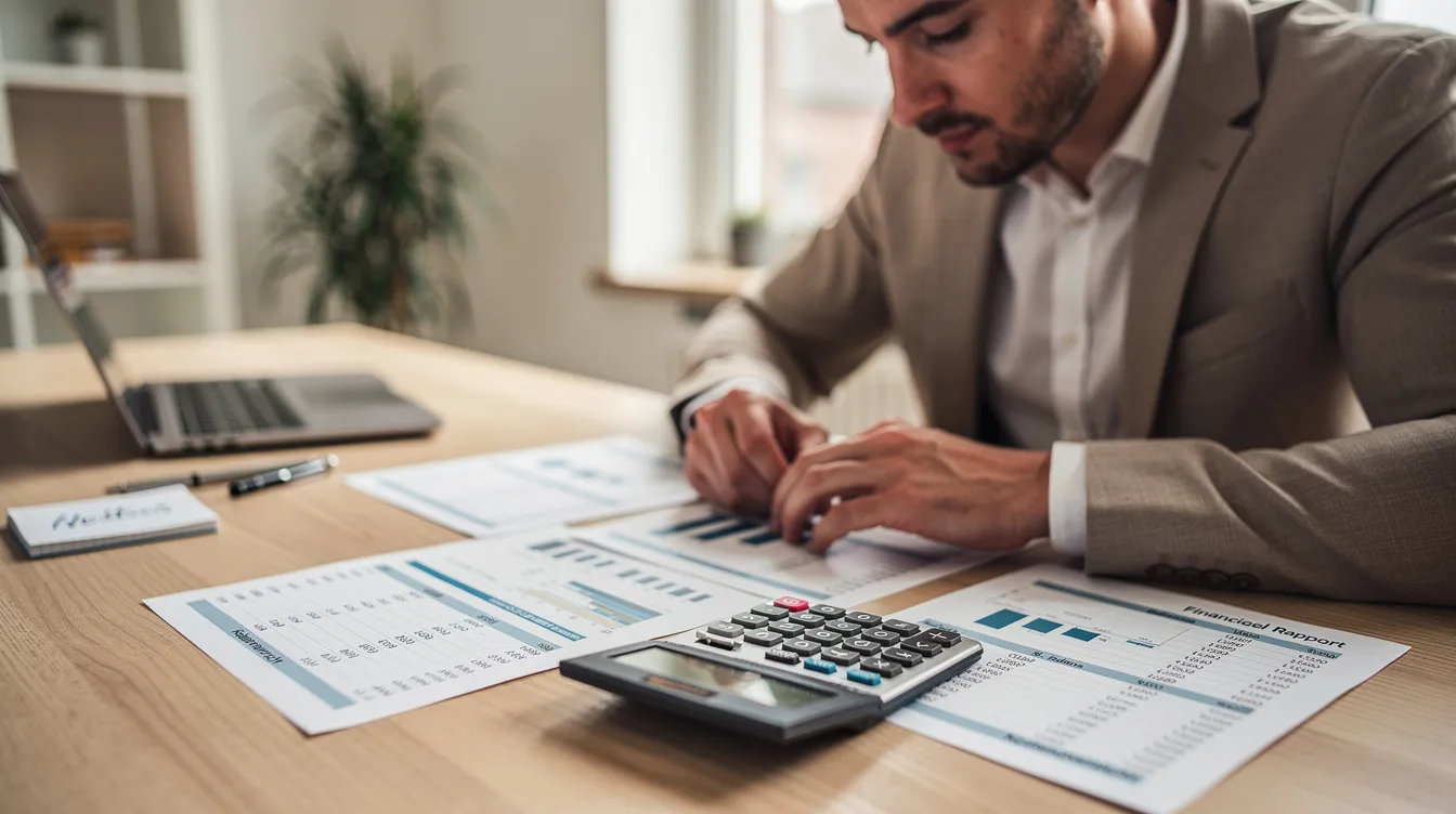Een ondernemer zit aan een tafel en bekijkt financiële documenten, terwijl hij een calculator gebruikt om cijfers te controleren. Deze situatie benadrukt de noodzaak voor goede frameworks en praktische handvatten in het ondernemerschap om betere beslissingen te nemen en de groei van de onderneming te ondersteunen.
