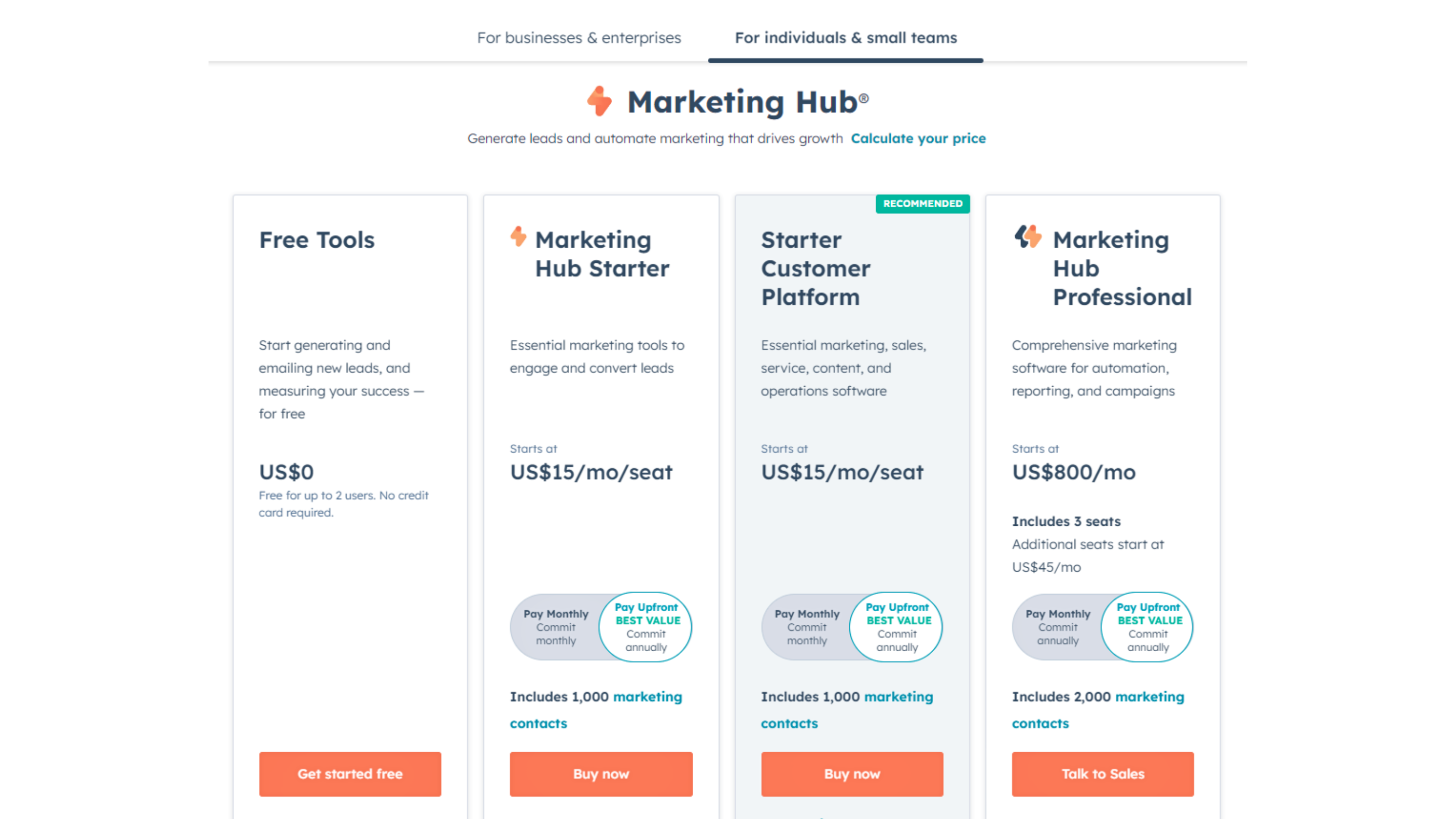 HubSpot Marketing Hub Plans and Pricing