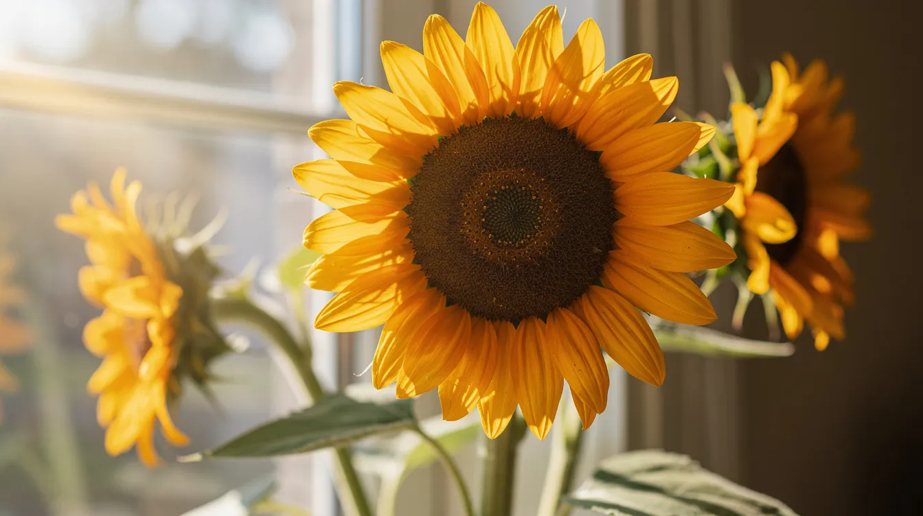 The image features bright sunflowers positioned near a sunny window, symbolizing positivity and well-being. These beautiful blooms can help reduce stress and anxiety levels, promoting mental health preservation and encouraging creativity in a serene indoor environment.